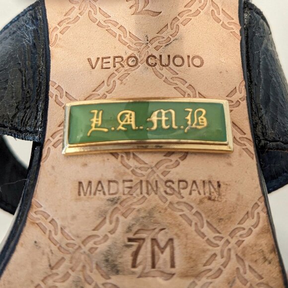 LAMB Lightning Bolt Black & Gold Metal Embellish T Strap Stiletto Sandals, 7/7.5 - Picture 5 of 16